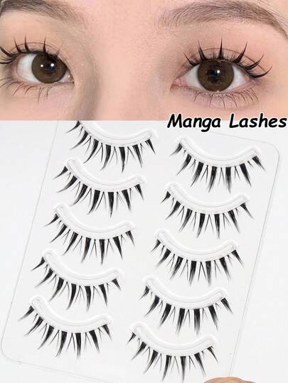 NAIJEMA Manga Lashes 5 Pairs Clear Stem Natural Fake Eyelashes, Eyelash Extension, Curling And Soft, Manga, Suitable For Cosplay, Daily Makeup Strip Lashes,Lashes,Eyelashes,Fake Lashes