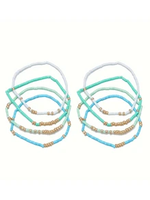 4 peças/Conjunto de Pulseiras Elásticas de Contas de Semente de Turquesa, Pulseiras Artesanais de Contas de Vidro Douradas Boho para Meninas, Joias de Férias (Contas Aleatoriamente Misturadas)