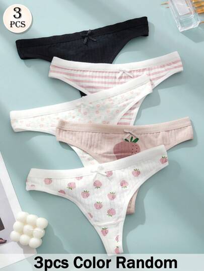 APRSEA Set de 3 piezas de bragas de mujer con estampado aleatorio y lazo, suaves y cómodas, diseño lindo y dulce para adolescentes