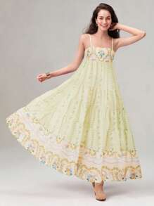 Women Slip Tank Dress, Spaghetti Straps Backless Flower Print Swing Dress Summer Long Dress For Cocktail Party - màu xanh lá - Xem 2