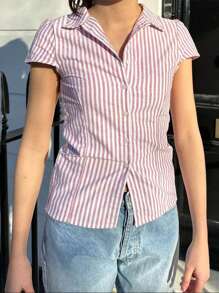 Women's Ruched Front Button Down Shirts Turn Down Collar V Neck Cap Sleeve Dressy Tops Blouses Short Sleeve Slim Fit Work Shirts Striped/Plaid Print Crop Tops - 粉色 - 查看 2