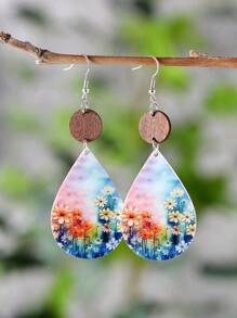 1 Cặp Hoa tai mặt hình giọt nước họa tiết hoa và báo nhiều màu sắc cổ điển dành cho nữ, Hoa tai hai mặt bằng PU cá nhân hóa cho mùa xuân/hè, ngày lễ và Ngày của Mẹ - Nhiều màu - Xem 2