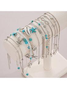10/20 pezzi Set di cavigliere stile bohémien con stelle marine e perline, adatte per vacanze estive e uso all'aperto