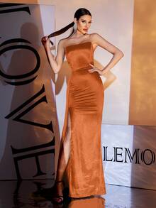 Orange Strapless High Slit Maxi Satin Evening Gown, Party Dress, Wedding Guest Dress, Formal Dress, Evening Dress - Orange - View 5