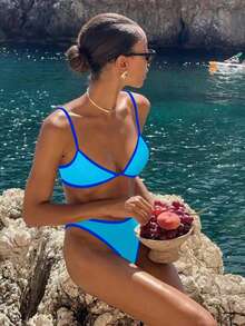 女士纯色黑白拼色性感休闲沙滩比基尼泳装