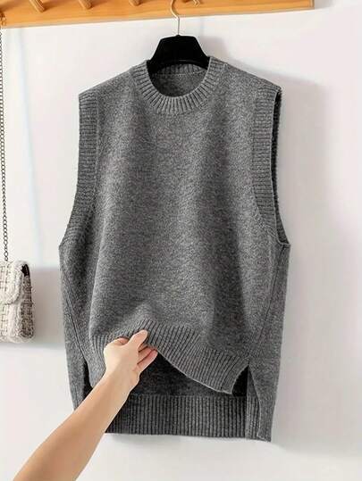 Women's Textile Knit Vest - Sleeveless, Crew Neck, Side Vents, Casual Fashion Jacket - Solid Color, Suitable For All Seasons