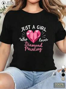Women's Plus Size Casual T-Shirt With "Just A Girl Who Loves Diamond Painting" Graphic,   100%, Crew Neck, Short Sleeve, Geometric Pattern, Knit Fabric, All Seasons  100% Cotton
