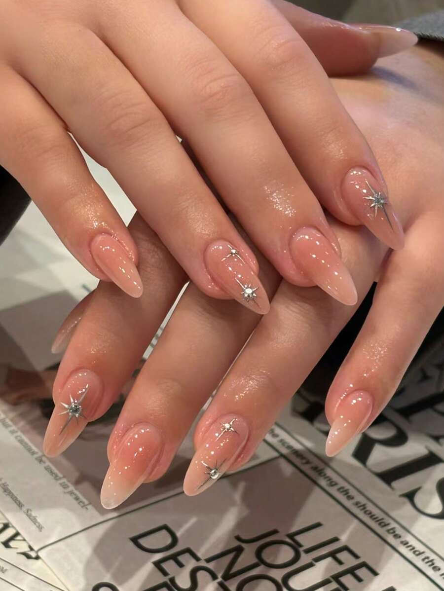 24 件 Y2K 风格长杏仁星带水钻设计尖头按压指甲完美贴合亚克力假指甲套装，包含 1 件果冻胶和 1 件指甲锉，杏仁指甲适合女士和女孩日常佩戴狂欢派对使用美甲用品指甲