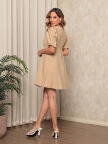 Short Dress With Puffy Princess Sleeves, Loose And Elegant - Marrant Fabric - Beige - View 5