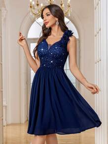 MIUSOL Deep V-Neck Sequin Floral Lace Sleeveless Ruffle Hem Chiffon Cocktail Party Swing Dress - Navy Blue - View 6