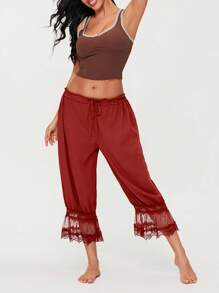 Women Lace Trim Long Bloomers Elastic Mid Rise Ruffle Pantaloons Cropped Flared Slips Pants Bottoms - Red - View 6