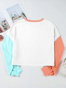 CILKOO Kaos Kasual Lengan Panjang Wanita Leher Bulat Motif Blok Warna Bahu Jatuh Warna Putih Musim Semi - Putih - View 3