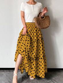女士度假风 - 时尚优雅浪漫叠层撞色波点半身裙
