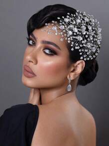 1 件时尚水钻花朵设计发梳，闪亮新娘发夹适合婚礼、伴娘、派对 - 銀色 - 查看 9