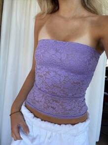 Women's Summer Sheer Lace Floral Off Shoulder Backless Slim Crop Tube Tops  Soft Top For Street  Party - 紫色 - 查看 3