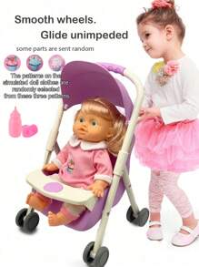 26厘米逼真婴儿娃娃玩具，可喝水和排尿，儿童互动游戏套装，可折叠婴儿车玩具，女孩公主车玩具