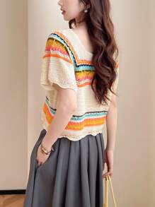 Rikumo 女士休闲活力条纹方领短袖套头衫，夏冬款 - 彩色 - 查看 2