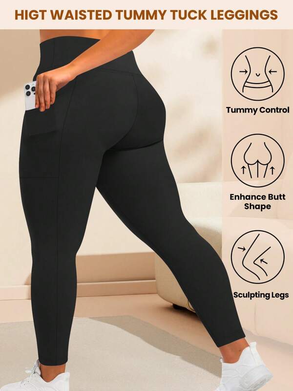 Leggings de cintura alta com bolsos para mulheres, leggings plus size para mulheres, elásticas, macias e opacas, com controle de barriga, plus size para treino, academia e ioga