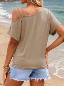 SANOPY Women's T-Shirts,Going Out Tops For Women,Womens Twist Knot Color Block Short Sleeve Tops Casual Summer T-Shirt Loose Fit Cold Shoulder Tops - Khaki - View 3