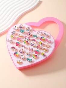 36pcs/12pcs Heart-Shaped Zinc Alloy Cartoon Rings In Gift Box, Adjustable Design Fits Most, Mix & Match Styles, Unique Gift For Friends, Kids, Birthday, Holiday