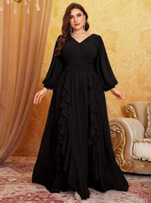 Plus Size V-Neck Chiffon Lantern Sleeve Pleated Panel Floral Trim Flare Hem Party Dress,Modest - màu đen - Xem 4