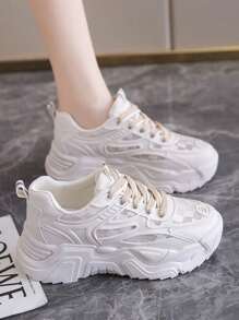 Zapatillas con cordones de fondo grueso para mujer, zapatos casuales de colores sólidos, suela blanda de goma - Beis - Ver 1