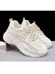 Zapatillas con cordones de fondo grueso para mujer, zapatos casuales de colores sólidos, suela blanda de goma - Beis - Ver 11