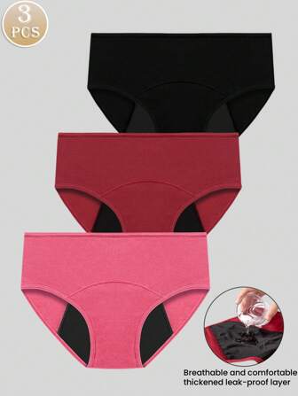 Set de 3 piezas de ropa interior femenina con protección para menstruación a prueba de fugas, diseño minimalista de unicolor y transpirable