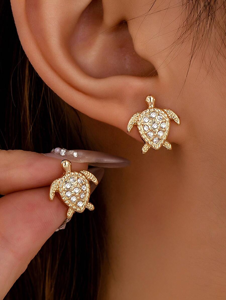 1 Pair Minimalist Sea Turtle Stud Earrings, Summer Ocean Beach Earrings, Professional Jewelry For Women - Gold - View 1