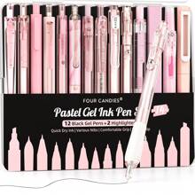 Four Candies 14Packs Pastel Gel Ink Pen Set, Cute Retractable 0.5mm Fine Point Pen, Note Taking Aesthetic Pens, 12 Packs Black Ink Pens With 2Pack Highlighter, Smooth Writing Pens For School, Office (Pink) Back To School
