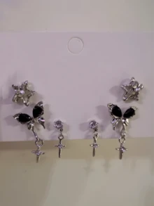 6pcs Retro Stylish Black Butterfly, Crystal, Star Design Earring Set, Gift For Girls, Party Favor - one-size - View 2