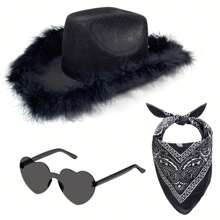 3-teiliges Set mit Vintage-Western-Kostümzubehör, inklusive flauschigem Cowboyhut mit breiter Krempe, einem Paar herzförmiger Brillen und einem Paisley-Schal, waschbare Polyesterausführung, perfekt für Halloween, Geburtstag, Junggesellenabschied, Pink/Schwarz, Abschlussball