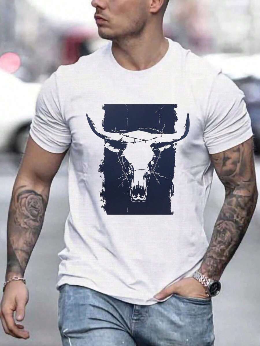 Camiseta De Manga Corta De Cuello Redondo Con Estampado De Cabeza De Toro De Estilo Occidental Para Hombre, Ropa De Verano Para Exteriores, Top Cómodo Y Versátil - Blanco - Ver 1