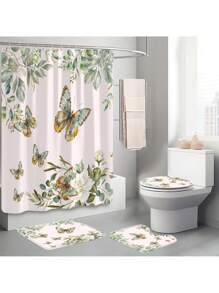 1pc/4pcs Floral Plant & Butterfly Functional Bathroom Decor Set, Includes Waterproof Shower Curtain With 12 Hooks, Anti-Slip Mat, U-Shaped Toilet Mat And Round Toilet Lid Cover, Suitable For All Bathroom Scenes