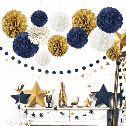 Party Decorations - 12 PCS Navy Blue And Gold Tissue Paper Pom Poms For Graduation, Bridal Shower, Birthday, Bachelorette Party, Engagement Party, Anniversary Party