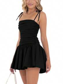 Women's Tie Strap Mini Dress Zipper Back Solid Color Sleeveless Backless Slim Ruched A-Line Dress Thankgiving - Black - View 3