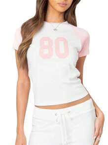 Women's Summer Tops Striped Raglan Sleeve Round Neck Letter Print T-Shirts Street Blouses - Pink - View 4