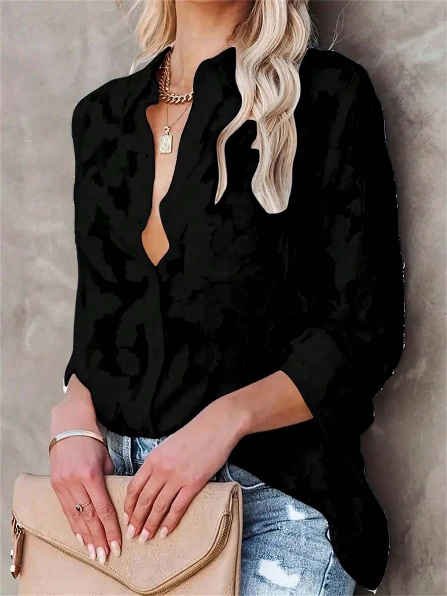 女士春秋经典翻领纹理纽扣长袖衬衫，优雅夏季女士春夏服装，法式轻薄夏季衬衫，女士夏季沙滩罩衫，商务休闲女士衬衫（黑色）