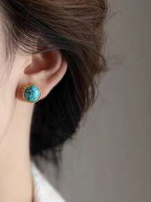 1 Pair Fashionable Crystal & Turquoise Round Clip On Earrings, Elegant Gift For Women, Suitable For Daily Wear