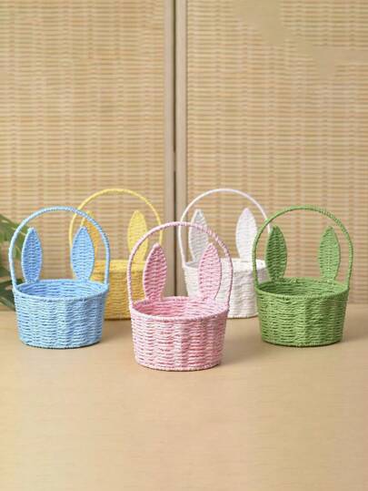 1 件兔耳编织收纳篮 - 多功能可爱，适合复活节、万圣节、圣诞节 | 送给朋友和家人的完美礼物，迷你手工编织卡通耳朵花篮，纸绳插入花篮，纪念品鲜花篮，创意收纳篮