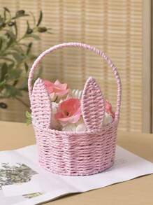 1 件兔耳编织收纳篮 - 多功能可爱，适合复活节、万圣节、圣诞节 | 送给朋友和家人的完美礼物，迷你手工编织卡通耳朵花篮，纸绳插入花篮，纪念品鲜花篮，创意收纳篮