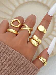6pcs/Set Vintage Fashion Exaggeration Geometric Arc Design Adjustable Ring Set, Perfect For Party, Holiday And Gifts - Gold - View 4