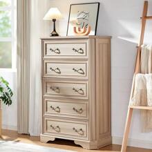 Farmhouse 48" Tall 5-Drawer Wood Dresser, Rustic Chest With Corner Bevel Shape, Closet Storage Organizer For Bedroom, Living Room, And Hallway - Quả óc chó xám - Xem 1