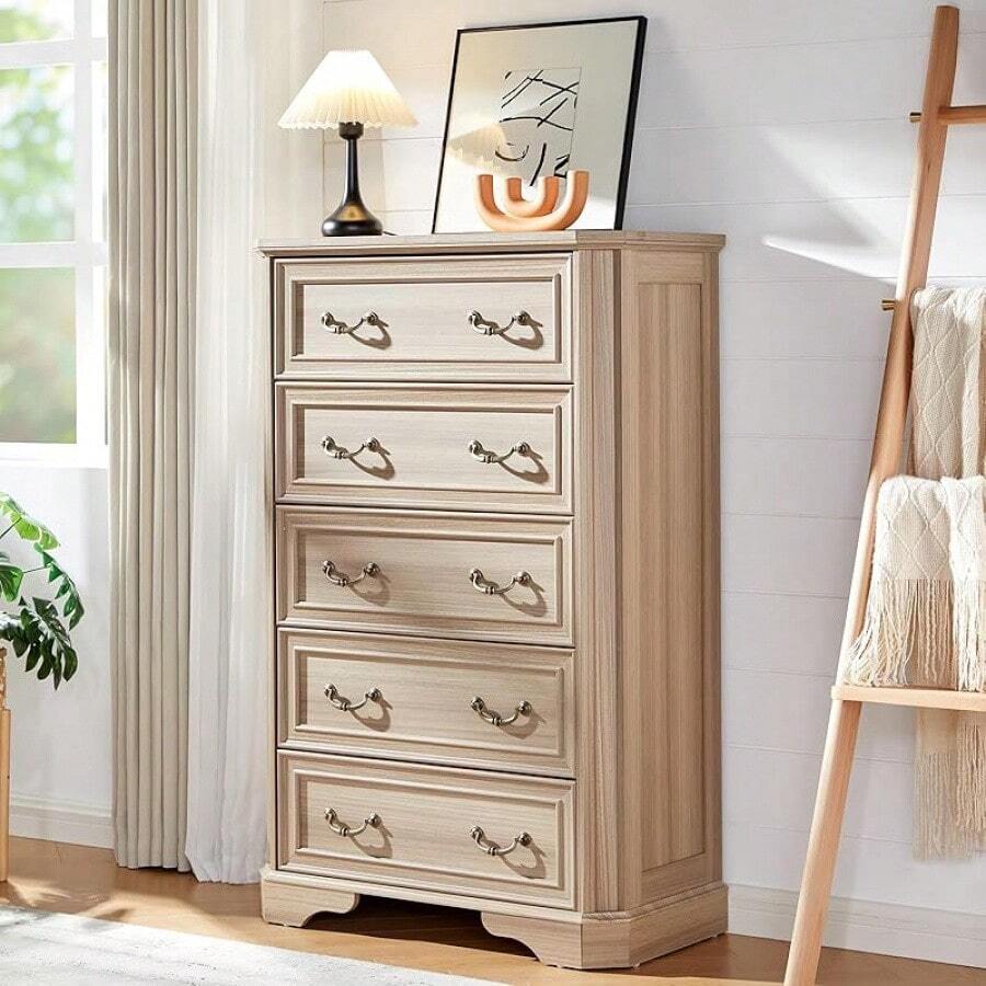 Farmhouse 48" Tall 5-Drawer Wood Dresser, Rustic Chest With Corner Bevel Shape, Closet Storage Organizer For Bedroom, Living Room, And Hallway - Quả óc chó xám - Xem 1