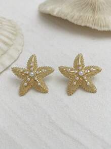 1 Pair Retro Elegant Fashion European & American Style Faux Pearl Decor Earrings, Metallic Gold Starfish Beach Style Stud Earrings, Suitable For Women's Daily Wear, Beach Vacation Jewelry, Gift For Girlfriends