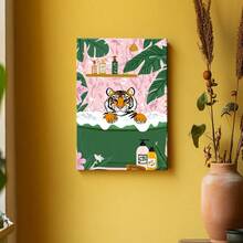 1pc Framed Canvas Wall Art Poster Pop Art Colorful Whimsical Playful Bold Simple Floral Tiger Pink Green. A Tiger Sitting In A Bathtub Surrounded By Flowers Wall Art For Living Room Bedroom Bathroom Kitchen Apartment Hotel, Artful Home Decoration - Framed, Vertical