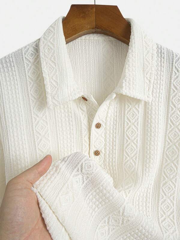 Men's Fashion Classic Personalized Solid Color Geometric Texture Half-Button Collar Design Casual Streetwear Commute Summer New Short Sleeve Top