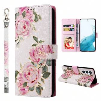 RFID-blockerande stöldskyddande präglat varmstämplat blommönster plånboksfodral med kortfack kompatibelt med 11 12 13 14 15 16 Pro Max för Galaxy S25 S24 Ultra S23 S22 S21 S20 A12 A13 A14 A15 A33 A53 A34 A54 A35 A55 PU-läder stativhållare fällbart fodral med handrem vattentät stötsäker fallskydd reptålig