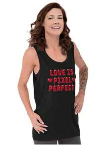 Valentine's Day Womens Graphic Tank Top Funny Sarcastic Gamer Relationship Dating Humor Love Is Pixel Perfect Heart Ladies Casual Fashion Cotton Printed Scoop Neck Sleeveless Tee Shirt - Black - View 1