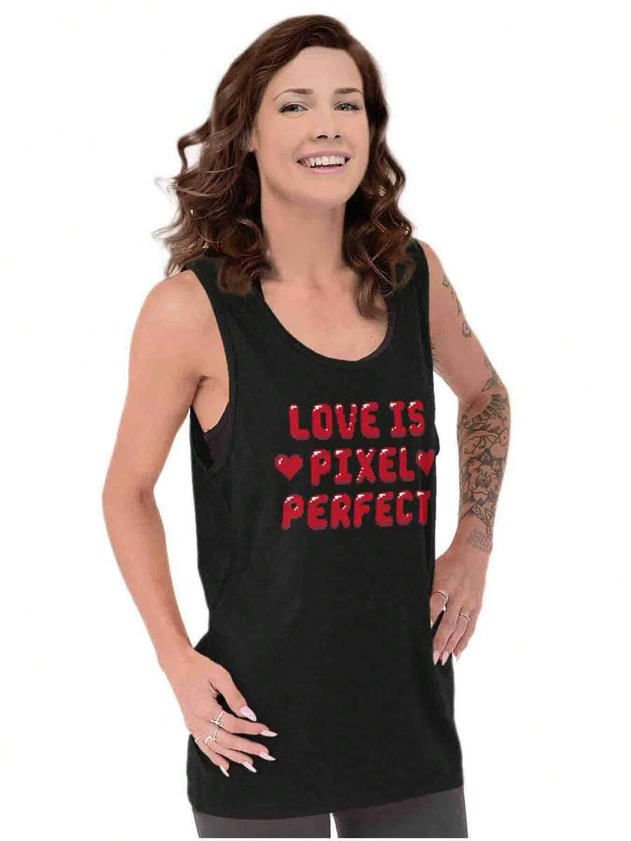 Valentine's Day Womens Graphic Tank Top Funny Sarcastic Gamer Relationship Dating Humor Love Is Pixel Perfect Heart Ladies Casual Fashion Cotton Printed Scoop Neck Sleeveless Tee Shirt - Black - View 1